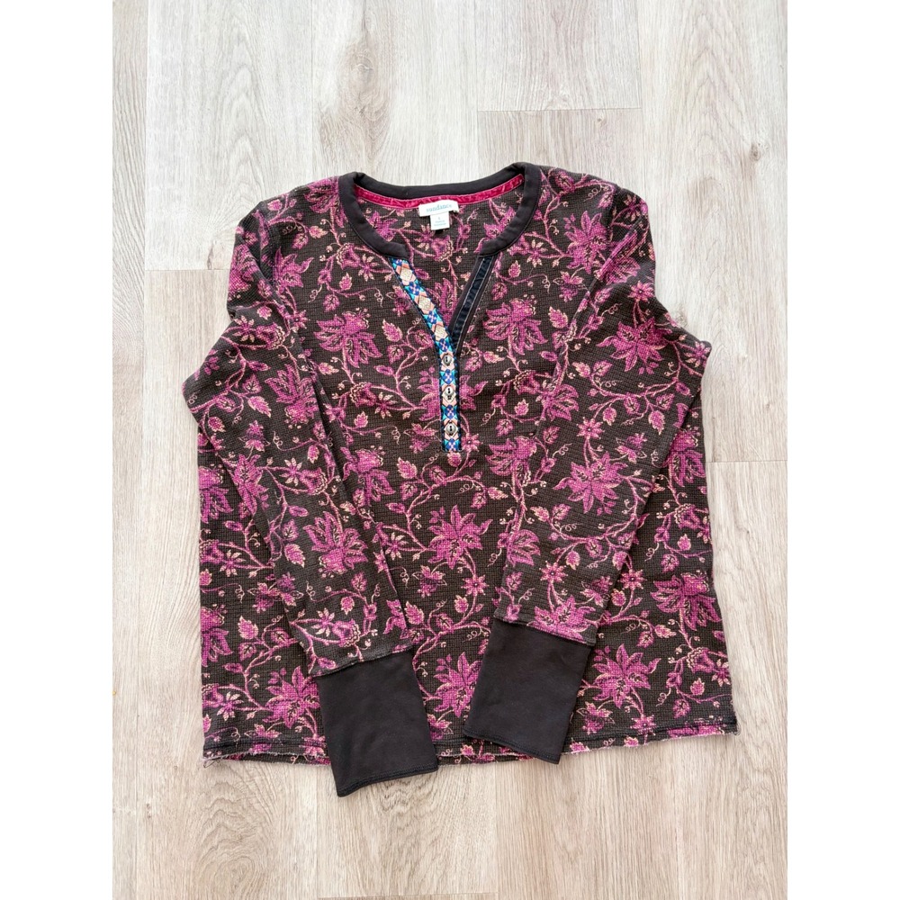 Sundance Floral Embroider Waffle Knit Henley Top Brown Purple Long Sleeve Large